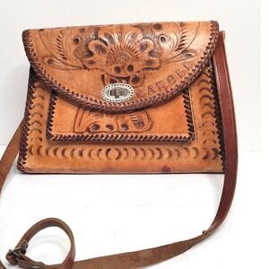 Vintage Leather HandTooled Large Floral Motif Shoulder Bag